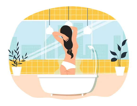 Senhora de pé na banheira com água quente  Ilustração