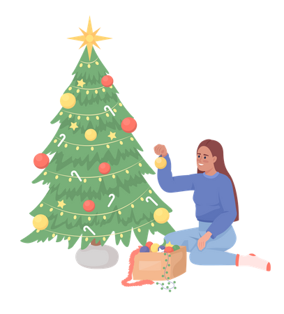 Senhora decorando árvore de natal  Ilustração