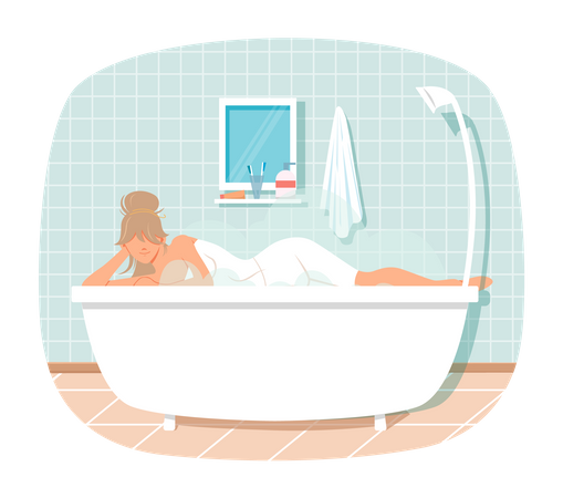 Senhora deitada na banheira está relaxando no banheiro  Ilustração