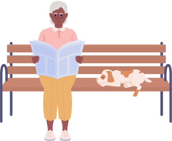 Senhora e seu cachorro sentado no banco  Ilustração