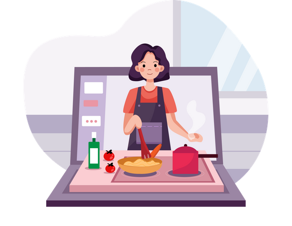 Lady Teaching receita de culinária em vídeo tutorial online  Ilustração