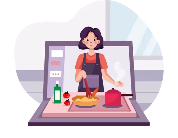 Lady Teaching receita de culinária em vídeo tutorial online  Ilustração