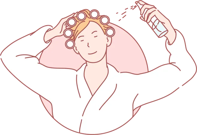 Senhora fazendo spray de cabelo na cabeça  Ilustração