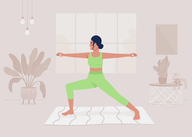 Senhora fazendo yoga asana em casa  Ilustração