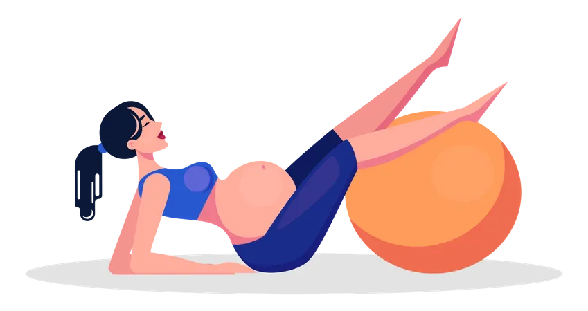 Senhora grávida fazendo exercícios com bola de ginástica  Ilustração