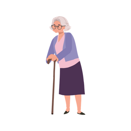 Senhora idosa sorridente com bastão de bengala  Ilustração