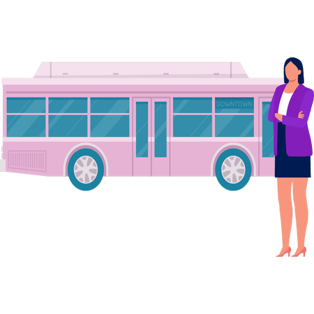Senhora motorista em pé com ônibus de transporte  Ilustração