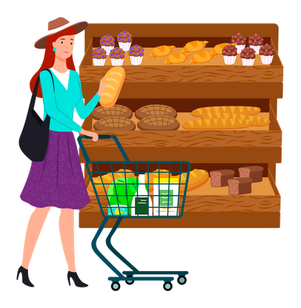 Senhora olhando para padaria no supermercado  Ilustração