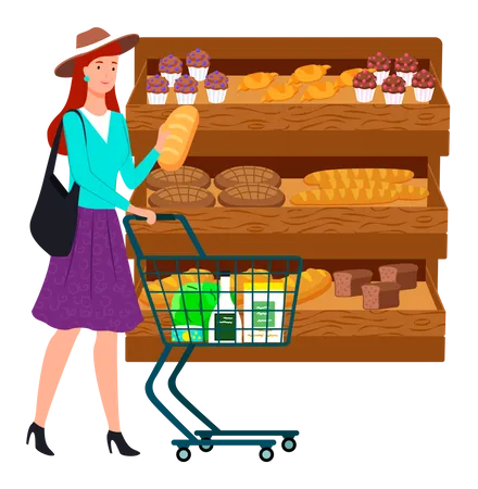 Senhora olhando para padaria no supermercado  Ilustração