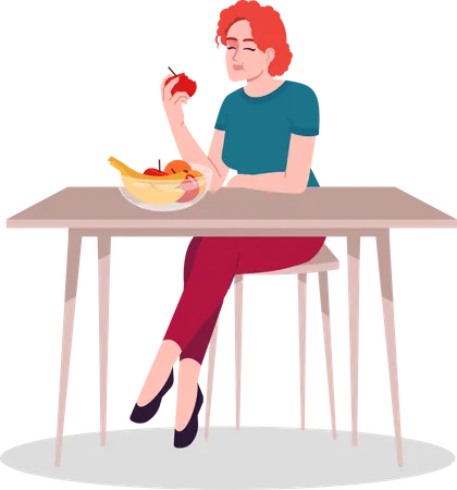 Senhora satisfeita comendo frutas frescas  Ilustração