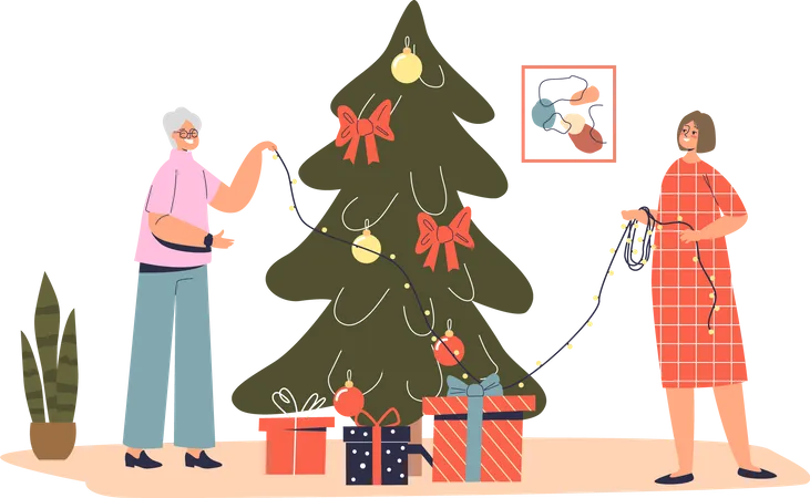 Avó idosa decorando a árvore de natal junto com a neta  Ilustração