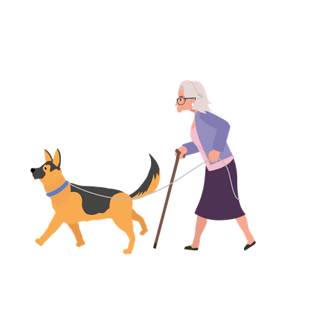 Senhora sênior com bastão de bengala e cão de escolta confiável  Ilustração