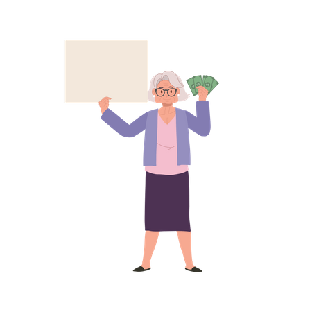Senhora sênior com dinheiro e tabuleta  Ilustração