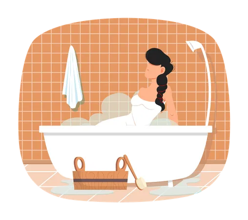 Senhora sentada na banheira com água quente  Ilustração