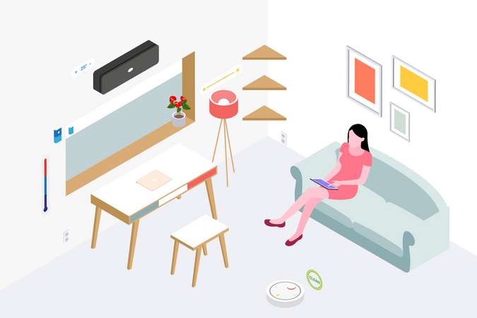 Senhora sentada no sofá e usando tablet na sala de estar  Ilustração