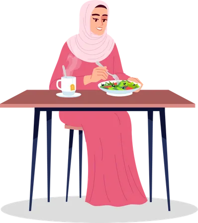 Senhora sorridente comendo salada saudável  Ilustração