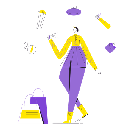 Senhora testando e comprando perfumes  Ilustração
