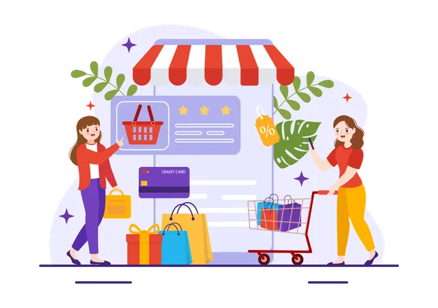 Senhoras fazendo compras on-line  Ilustração