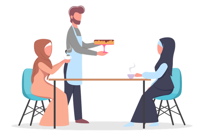 Senhoras muçulmanas tomando café em um café  Ilustração