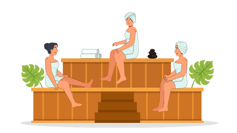 Senhoras sentadas na sauna spa  Ilustração