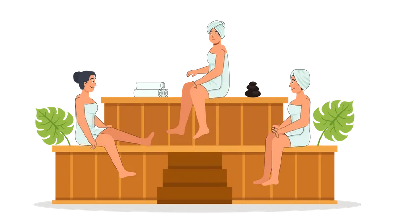Senhoras sentadas na sauna spa  Ilustração