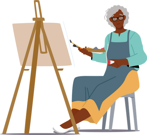 Senior African Woman Artist Hold Paintbrush and Drawing Picture Illustration