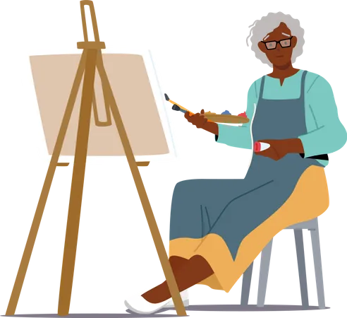 Senior Woman Artist Hold Paintbrush In Hand In Front Of Canvas On Easel Drawing Picture Aged African Lady Creative Hobby Occupation Old Painter Character Paint Cartoon People Vector Illustration Illustration
