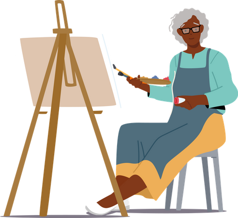 Senior African Woman Artist Hold Paintbrush and Drawing Picture  Illustration