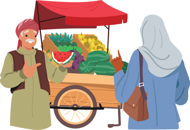 Senior arabic man offering exotic fruits vegetables  Illustration