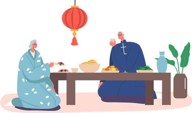 Senior Asian Male and Female Having Dinner at Home Illustration
