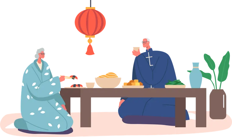 Senior Asian Male and Female Having Dinner at Home  Illustration