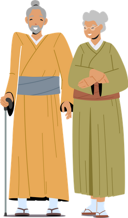 Senior Asian Man and Woman Wear Traditional Kimono Illustration