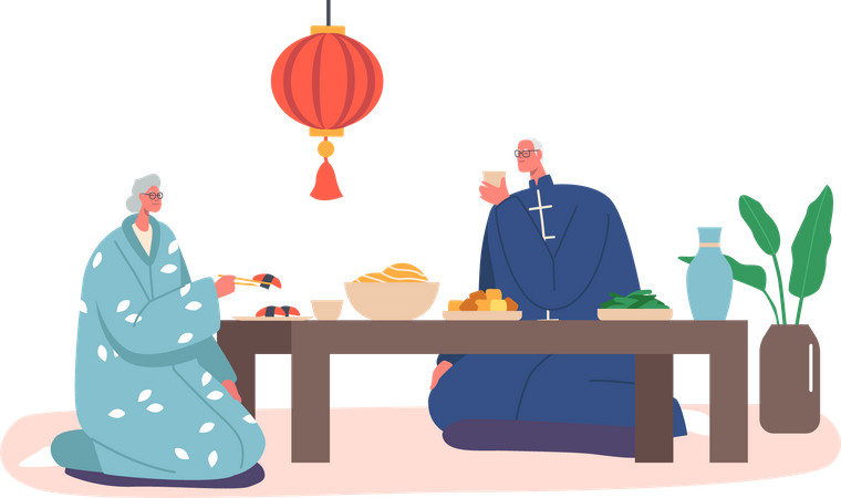 Homme et femme asiatiques seniors en train de dîner à la maison  Illustration