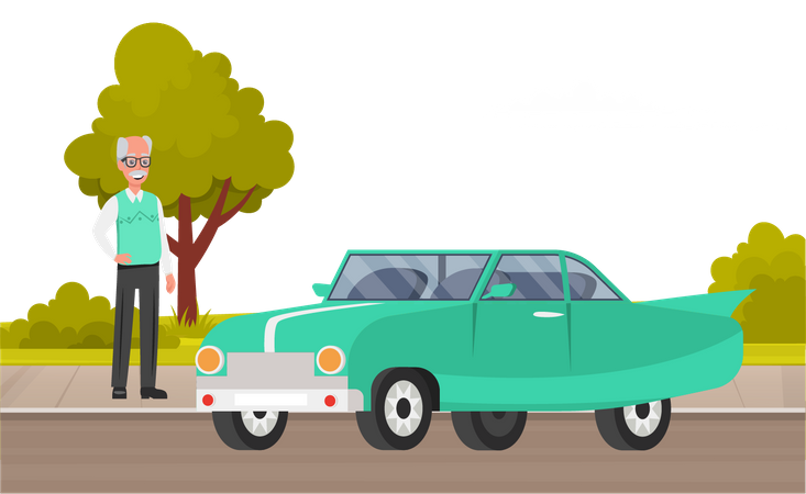 Senior bald man next to his personal transport  Illustration