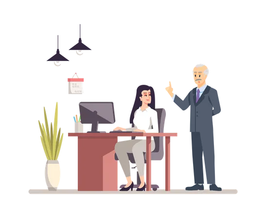 Senior Boss With Personal Assistant Flat Vector Illustration Secretary Working Cartoon Character Young Manager Office Worker Entrepreneur Businessman Advising Teaching Control Working Process Illustration