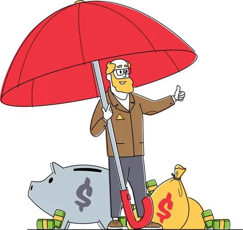 Senior Businessman Character Stand Under Umbrella With Money Show Thumb Up Financial Protection Insurance Shield From Problem Business Man Collect And Protect Capital Linear Vector Illustration Illustration