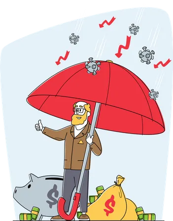 Senior Businessman Character Stand Under Umbrella Protecting Money Of Covid Cells Show Thumb Up Financial Protection Insurance Business Man Protect Capital Of Pandemic Linear Vector Illustration Illustration