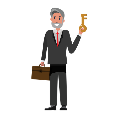 Senior Businessman holding key and suitcase Illustration