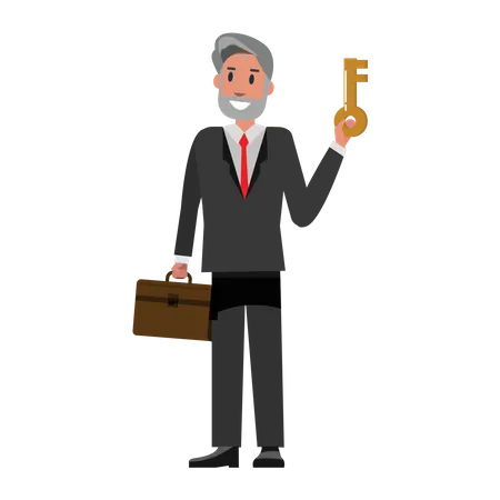 Senior Businessman holding key and suitcase Illustration