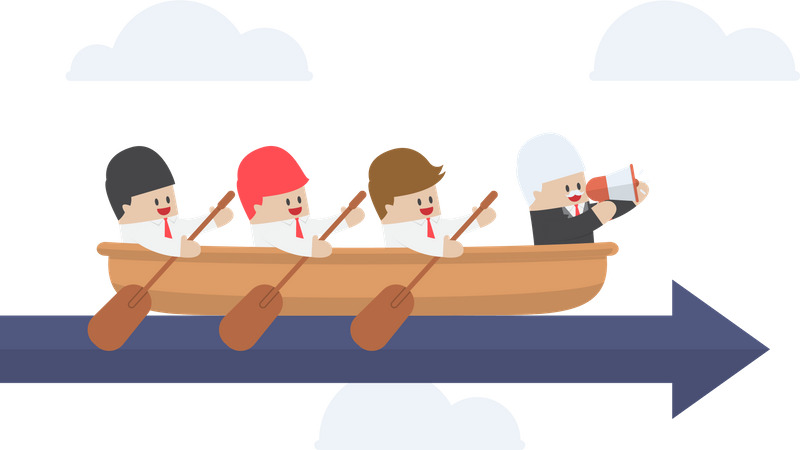 Senior businessman with his team rowing to success  Illustration