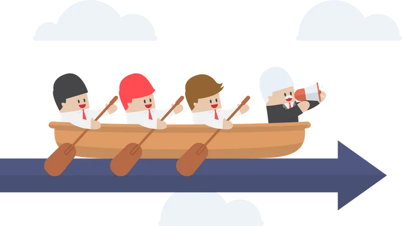 Senior businessman with his team rowing to success  Illustration