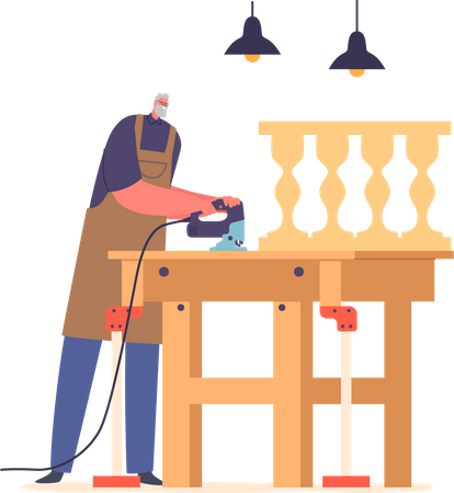 Senior Carpenter Male Work In Carpentry Workshop  Illustration