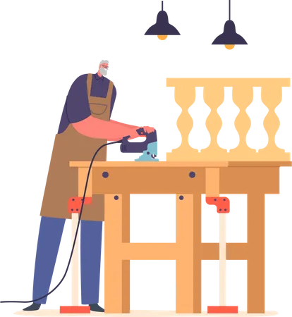 Senior Carpenter Male Work In Carpentry Workshop  Illustration