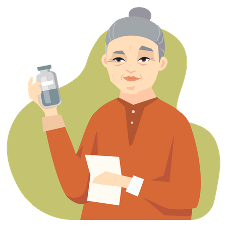 Senior Chinese woman taking medicine Illustration