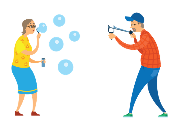 Senior Citizen Couple playing bubble game Illustration