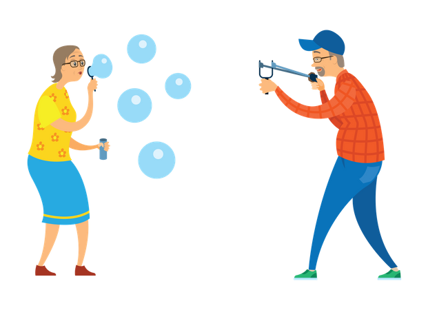 Senior Citizen Couple playing bubble game  Illustration