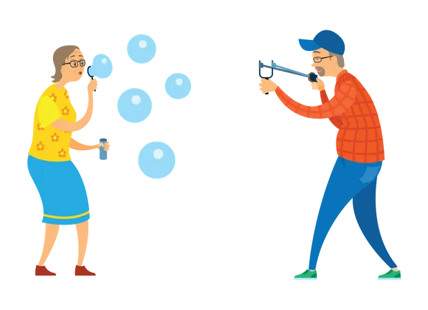 Senior Citizen Couple playing bubble game  Illustration