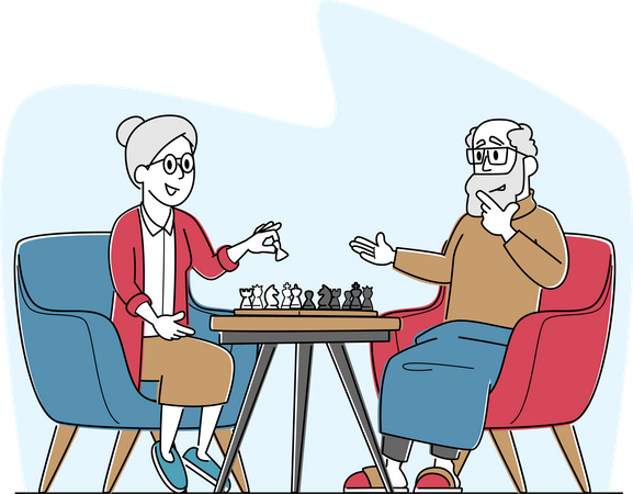 Senior citizen couple playing chess at nursing home Illustration
