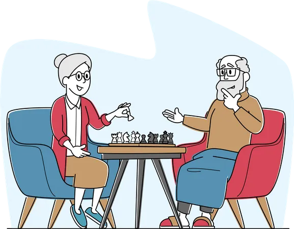 Senior citizen couple playing chess at nursing home Illustration
