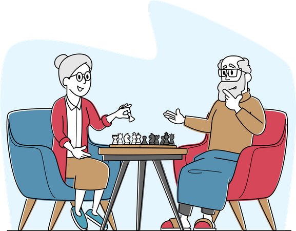 Senior citizen couple playing chess at nursing home  Illustration